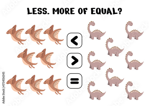 Math Worksheet for Kids Comparing Dinosaurs Less More Equal