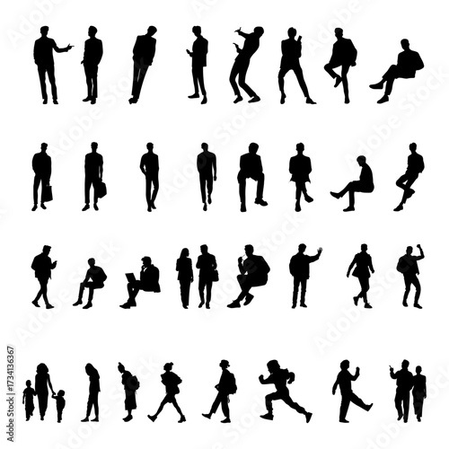 Black vector set of 32 silhouettes of seated people, designed for use in architectural plans, sections, and layouts