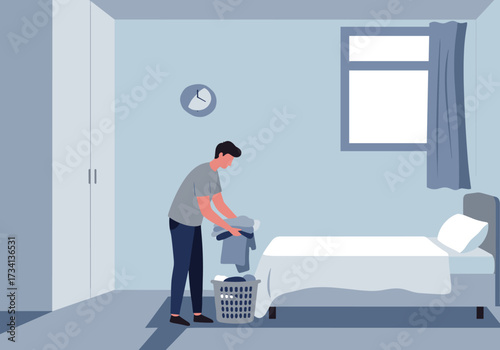 Doing laundry at home a young man organizing clothes in a minimalist bedroom digital calm environment