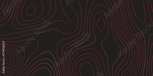 Abstract red contour line topographic map black background ultra wide panoramic terrain path mapping modern cartography vector artwork
