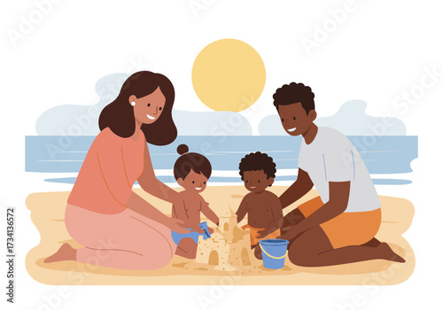 Family fun building sandcastles at the beach summer day relaxing atmosphere playful concept