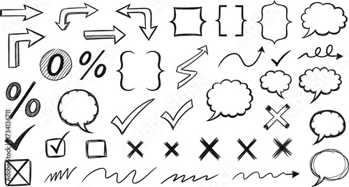 Hand Drawn Arrows, Brackets, Check Marks, Crosses, Speech Bubbles, Squiggles, Boxes, Percent Signs for Creative Design and Annotation