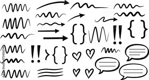 Hand Drawn Arrows, Brackets, Hearts, Exclamation Marks, Speech Bubbles, Wavy Lines for Creative Design, Annotation, Communication, Presentation
