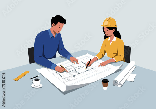 Architectural planning session office space blueprint discussion collaborative environment professional viewpoint