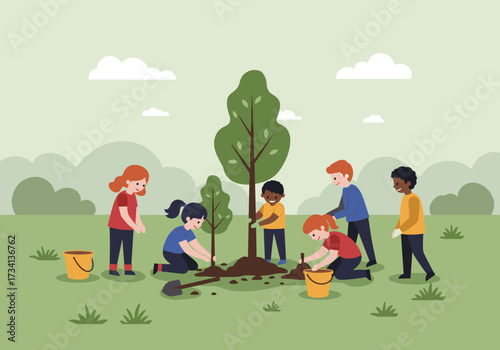 Tree planting event for community improvement park illustrative outdoor group activity