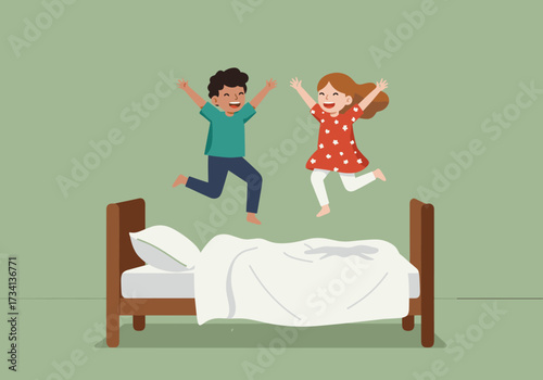 Children jumping on bed in playful home environment fun engaging activity scene
