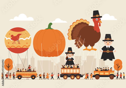Thanksgiving parade celebration in urban setting with balloon floats and festive characters