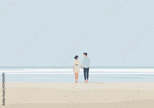 Romantic beach stroll seaside digital serene atmosphere rear view love and connection
