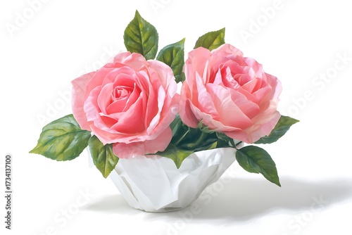 A bouquet of two pink roses arranged in a white paper bowl, perfect for floral arrangements or decorative use.