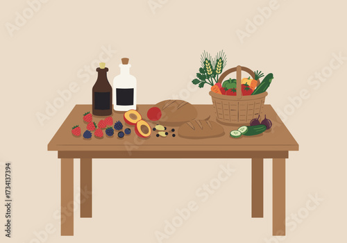 Fresh food ingredients on wooden table kitchen setting digital minimalist design top view healthy living