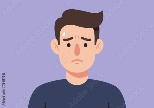 Expressive of a concerned young man digital emotional context minimalistic design front view
