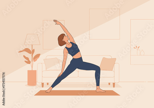 Yoga practice at home woman doing warrior pose in a cozy living room environment