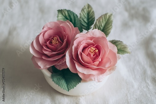 A bouquet of two pink roses arranged in a white paper bowl, perfect for floral arrangements or decorative use.