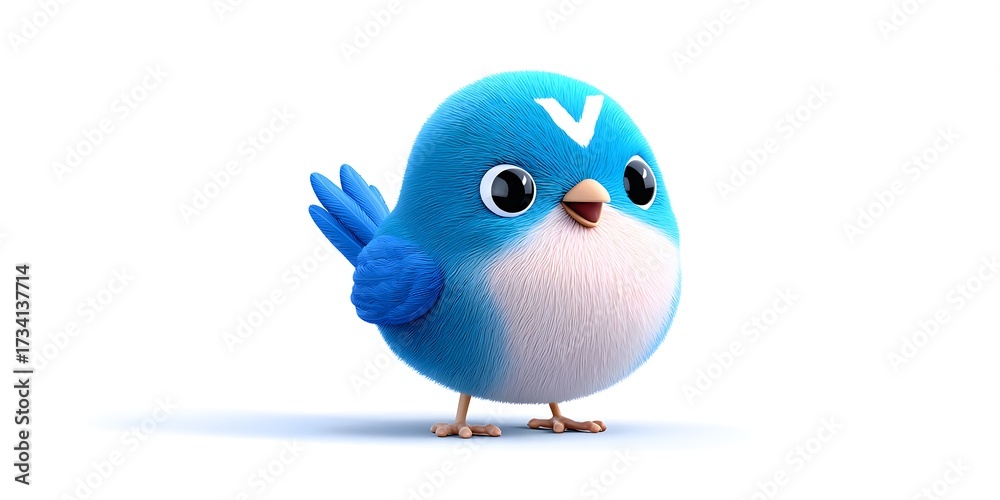 Obraz premium Cute Cartoon Blue Bird Character with Big Eyes and Fluffy Feathers