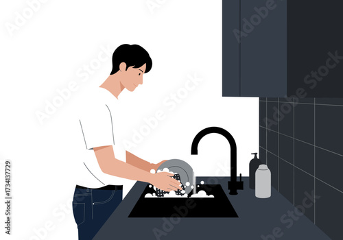 Washing dishes at home kitchen modern environment side view domestic chores for home management