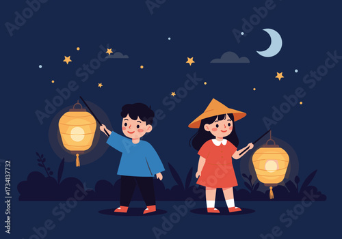 Children celebrating lantern festival outdoor night scene digital joyful atmosphere cultural tradition
