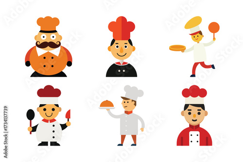 Cartoon Chefs in Colorful Outfits and Cooking Poses Vector Set
