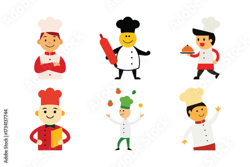 Cartoon Chefs in Action with Kitchen Tools and Ingredients Vector Set
