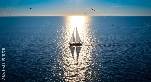 Fototapeta Naklejka Na Ścianę i Meble -  Sailboat sailing across open ocean at sunset with birds flying overhead