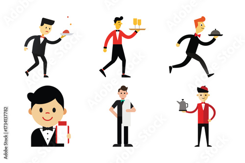 Cartoon Waiters Performing Restaurant Service Tasks Vector Set