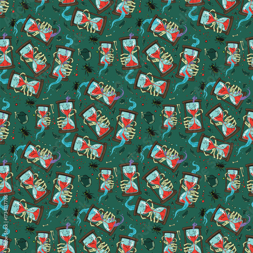 Halloween seamless pattern with cursed hourglasses bones shards
