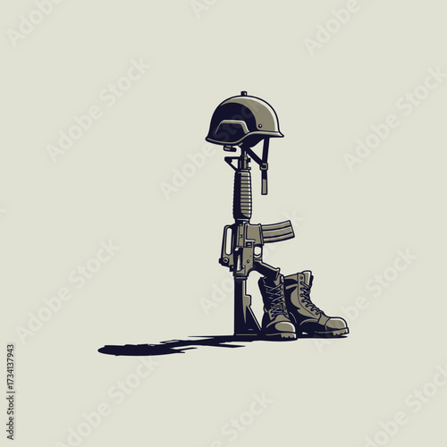 Battlefield Cross Memorial Illustration military fallen soldier rifle helmet boots war sacrifice remembrance