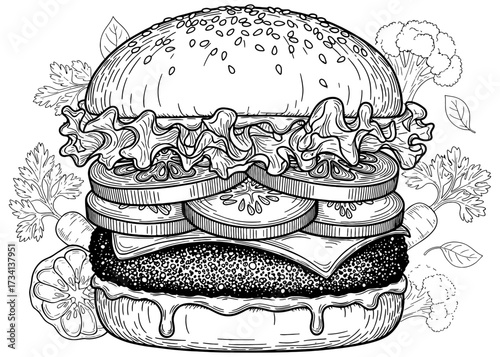 Veggie burger with fresh vegetables. Detailed hand-drawn monochrome illustration of a healthy vegan, plant-based sandwich for a restaurant menu or coloring book page.

