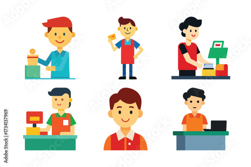 Cartoon Office Workers Using Computers in Remote Work and Digital Collaboration