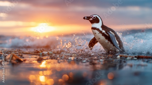 A penguin waddles along the shore, splashing through the waves as the sun sets behind it, capturing a moment of wildlife beauty and natural serenity by the ocean.