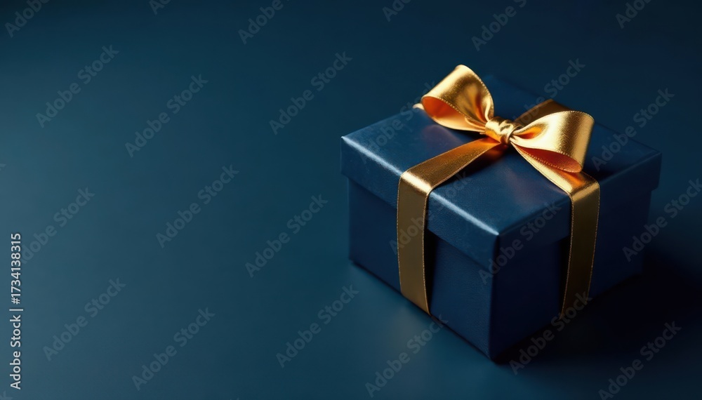 Fototapeta premium Dark blue gift box, gold ribbon, dark background Top view, holiday present , happy, luxury