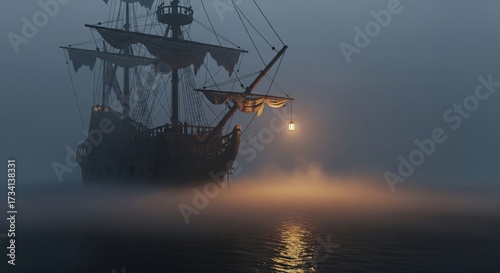A mysterious old galleon with tattered sails emerges from a thick, dense fog at night, its path illuminated by a single glowing lantern.