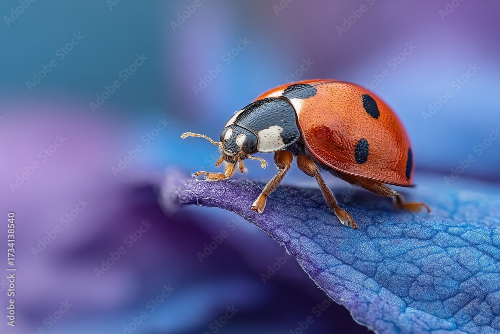 Fototapeta premium Ladybug Macro Photography, Vivid Red Beetle with Black Spots Perched on Edge of Blue-Purple Leaf, Nature Close-Up, Entomology Study, Educational Content, Environmental Conservation Graphic