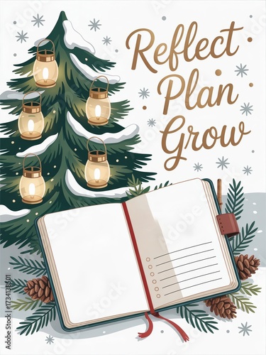 Festive winter scene with open planner, pine tree decorated with lanterns, and inspirational message for reflection and growth
