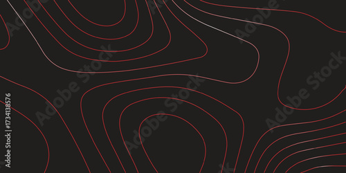 Ultra wide panoramic topographic contour line map red black background terrain path mapping abstract geographic illustration modern cartography vector artwork
