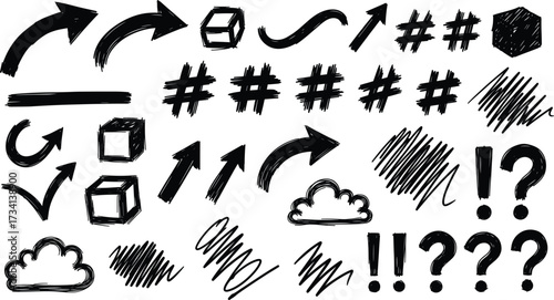 Hand Drawn Arrows, Hashes, Cubes, Clouds, Scribbles, Punctuation Marks, Hexagon for Creative Design, Annotation, Emphasis, Communication