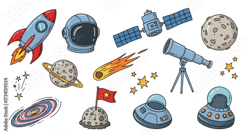 A collection of cartoon illustrations featuring space exploration elements, including rockets and planets.