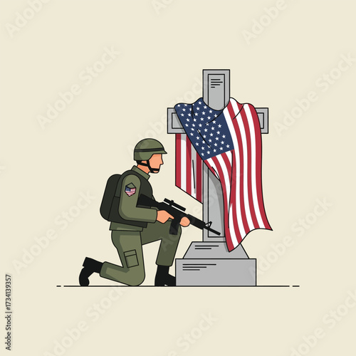 Memorial Day Soldier with American Flag military veteran grave tombstone cross usa kneeling rifle army honor remember patriotism