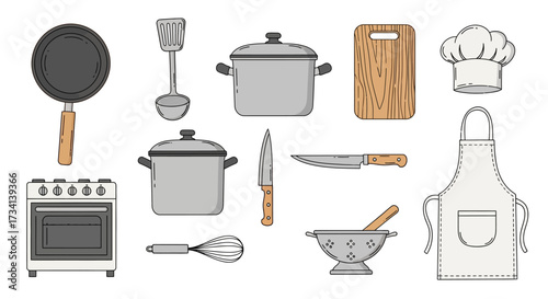 A collection of illustrated kitchen utensils and cooking tools, ready for culinary tasks.