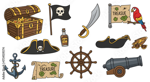 A collection of cartoon pirate-themed elements, including a treasure chest, flag, sword, map, parrot, hat, and cannon.