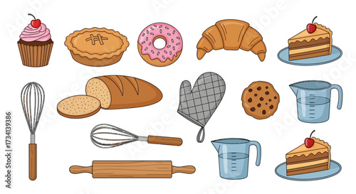 Colorful illustration of various baked goods and baking tools, prepared for use.