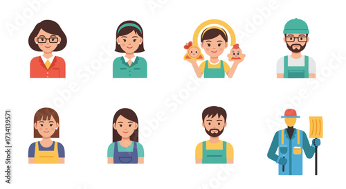 Collection of diverse cartoon characters representing various professions, including teacher, chef, and sanitation worker.
