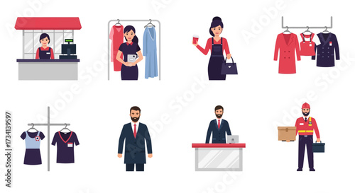 Set of vector illustrations depicting various service industry workers in different scenarios, including retail, delivery, and customer service.