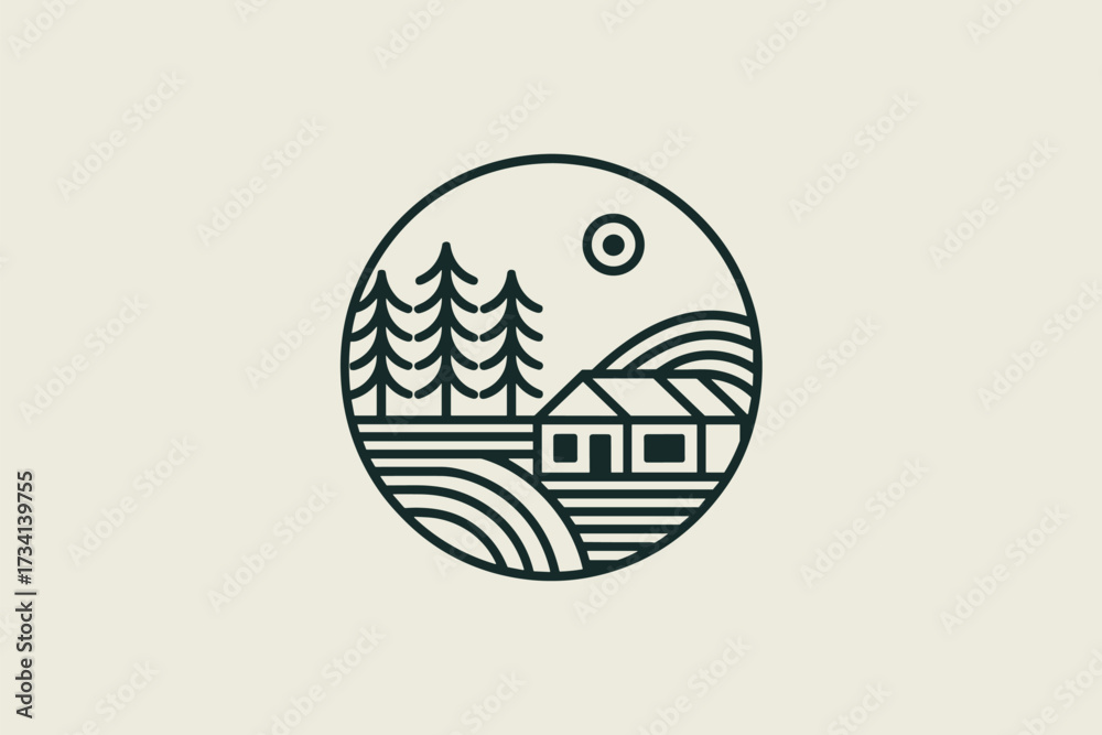 Obraz premium Minimalist Black and White Circular Rural Landscape Logo