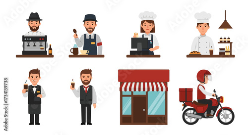 Cartoon illustrations depict various service industry workers and a storefront with a delivery person.