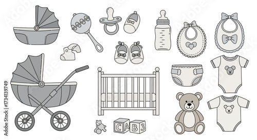 Illustration of baby items including a stroller, crib, toys, bottles, bibs, and clothing, all in a gray color palette.