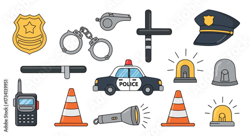 Cartoon illustration featuring various police-related equipment and symbols, including a police car.