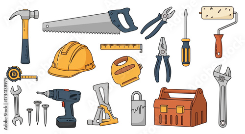 Illustration of various construction and repair tools, including a hammer, saw, hard hat, drill, and toolbox.