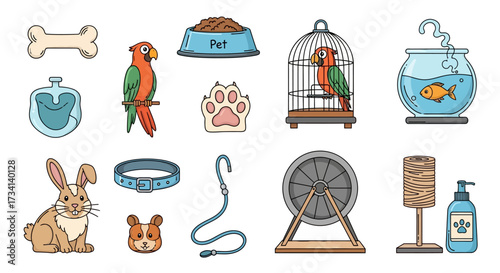 Illustration of various pet-related items, including a parrot, rabbit, dog, fish, and accessories like a bone, food bowl, and cage.