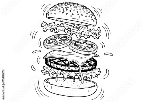 Exploded cheeseburger with flying ingredients. Hand-drawn monochrome vector illustration of a deconstructed burger for a creative restaurant menu or coloring book page.


