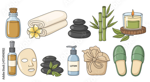 Spa day illustration featuring oil, towels, stones, bamboo, candle, face mask, lotion, slippers and other wellness elements.